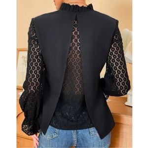 Boho lace  flounce sleeve frill neck blouse